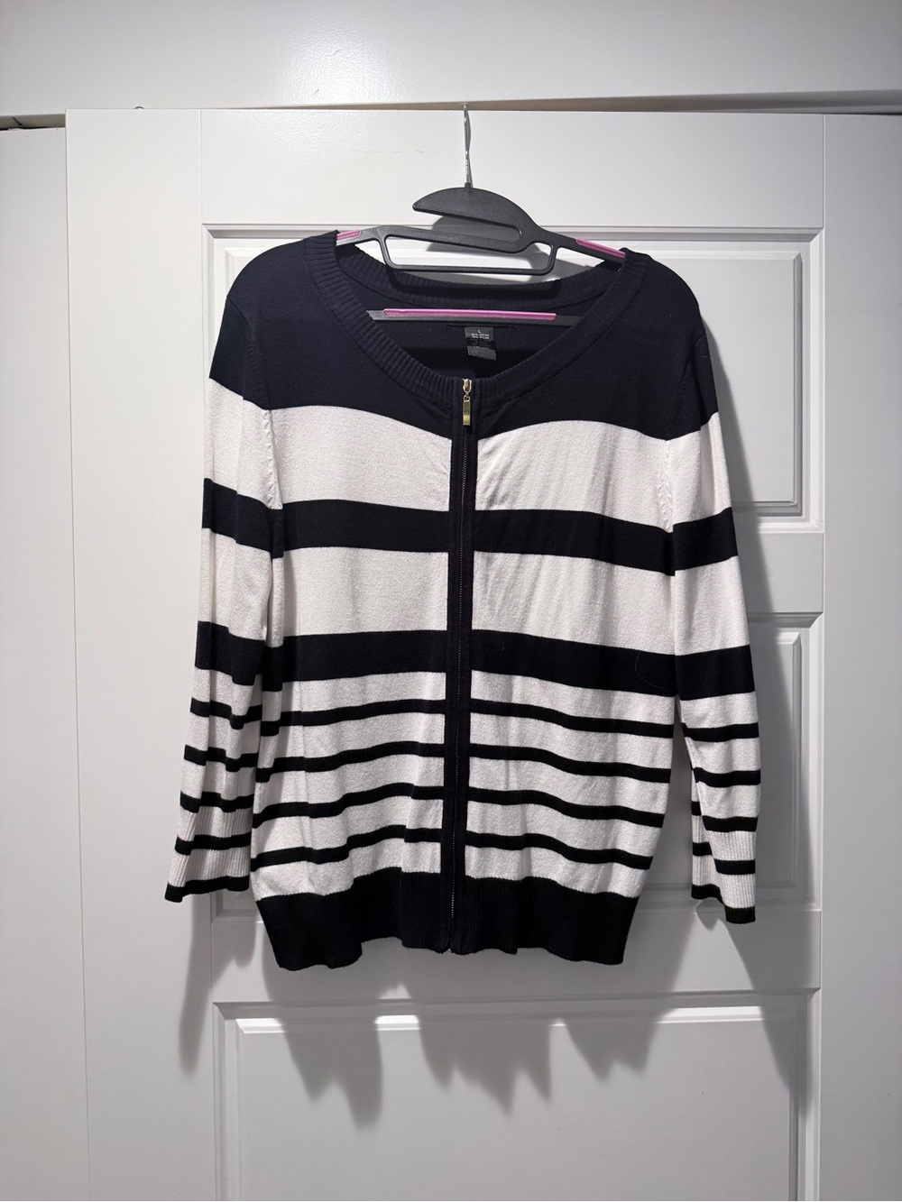 Grace Black and White Striped Zip Cardigan with Gold detail